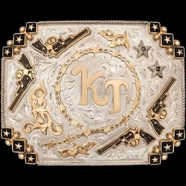 "Make your mark with a buckle that delivers a bang—bold, iconic, and impossible to ignore! Our Kennewick Belt Buckle is expertly hand-engraved on a German Silver base, featuring striking edge pieces decorated with bronze stars in boxes and a flawless
